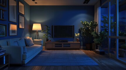 Fototapeta premium Cozy modern living room illuminated by soft lighting in the evening