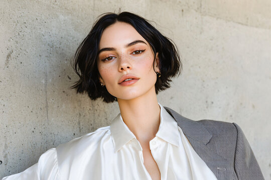 a gender fluid person with mixed feminine and masculine features wearing flowing white silk shirt and structured blazer