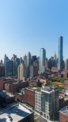 A panoramic view of a city skyline featuring modern skyscrapers and urban architecture.