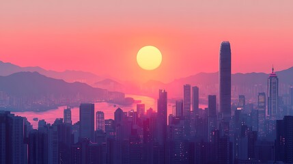 Obraz premium Minimalist silhouette of Hong Kong's skyline, showcasing Victoria Peak and the city's skyscrapers, with a gradient background from dawn, clean lines, simple shapes, flat illustration style,