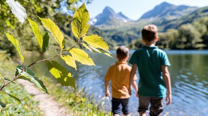 Fototapeta premium Two Boys Hiking by a Lake with Mountain Views in Summer