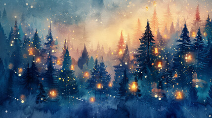 Magical forest with christmas trees and glowing lights christmas card style watercolor abstract artistic --ar 16:9 --v 6 Job ID: 0cf4cba4-94ce-484f-bc25-6fc20b6c9e1a