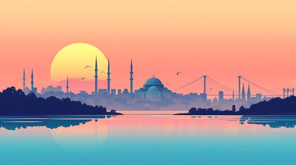 Minimalist silhouette of Istanbul’s skyline, featuring the Blue Mosque and the Bosphorus Bridge, with a pastel gradient background, clean lines, simple geometric shapes, modern flat design,