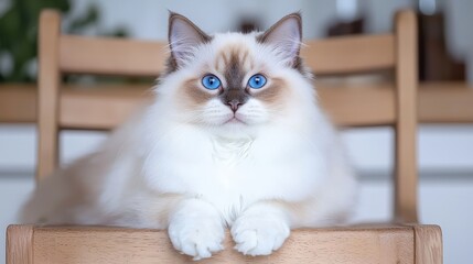 Adorable Neva Masquerade Kitten Sitting on a Wooden Chair in a Kitchen