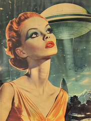 1960s 1950s retro vintage color photo science fiction color tv show campy image of a woman in makeup looking up at a large UFO flying saucer aliens with light ray