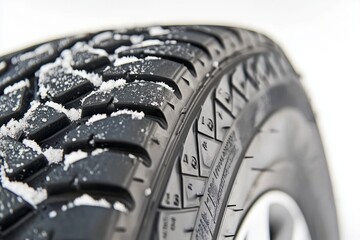Close-up of car tire tread with snow