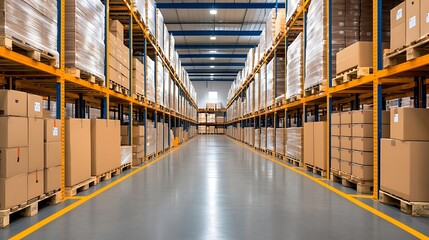 Pallets arranged in tall racks with clear pathways A warehouse with tall storage racks filled with pallets, leaving clear