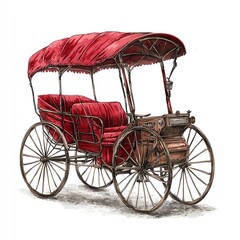 Vintage horse-drawn carriage with a red canopy and plush seats, isolated on a white background.