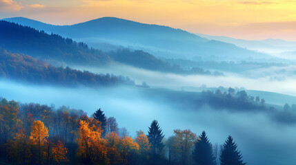 A serene landscape of fog rolling over the autumn hills at dawn, creating a mystical and peaceful atmosphere.