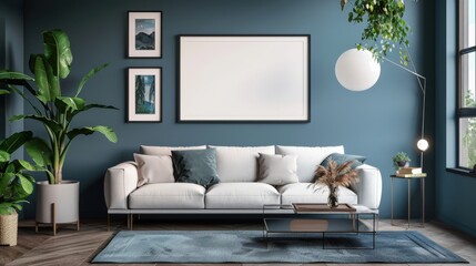Contemporary living room design with stylish sofa and artwork display