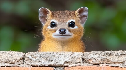 Fototapeta premium Curious Muntjac Deer Fawn Peeking Over Brick Wall Wildlife Portrait