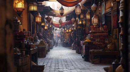 Fototapeta premium Charming alleyway in an ancient market with lanterns and colorful fabrics