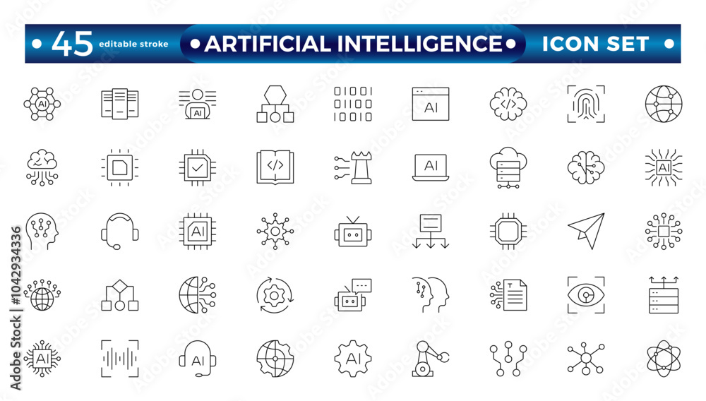 Fototapete Artificial intelligence set of outline web icons. AI technology icons for web and mobile app. Machine learning, digital AI technology, algorithm, smart robotics. Editable stroke outline icon. 
