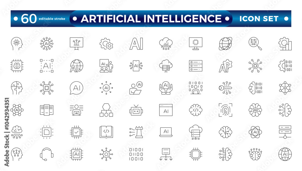Fototapete Artificial intelligence set of outline web icons. AI technology icons for web and mobile app. Machine learning, digital AI technology, algorithm, smart robotics. Editable stroke outline icon. 
