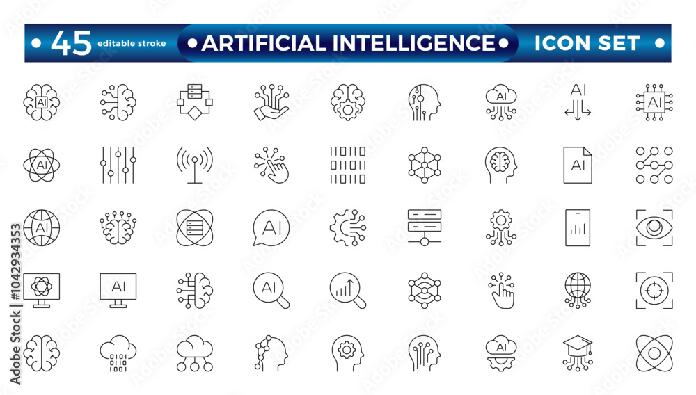 Fototapete Artificial intelligence set of outline web icons. AI technology icons for web and mobile app. Machine learning, digital AI technology, algorithm, smart robotics. Editable stroke outline icon. 

