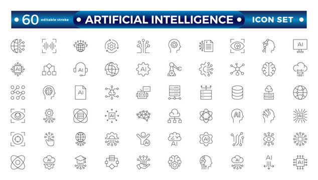 Artificial intelligence set of outline web icons. AI technology icons for web and mobile app. Machine learning, digital AI technology, algorithm, smart robotics. Editable stroke outline icon. 
