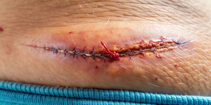 Low angle view of surgical wound after appendicitis surgery on patient