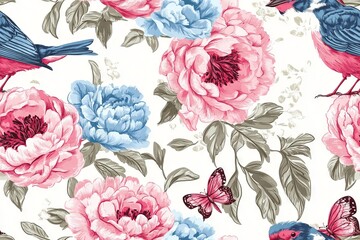 Floral seamless pattern with garden flowers, peonies, birds, and butterflies - elegant nature-inspired design for textile, wallpaper, and decorative art