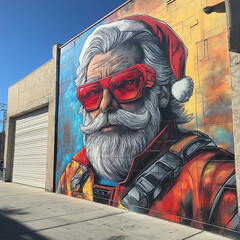 Obraz premium A vibrant street art mural of Santa Claus in a modern style, wearing red sunglasses and a Santa hat, painted on an urban wall, blending holiday spirit with urban culture.