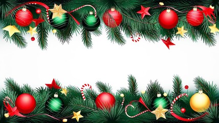 Festive holiday decorations with pine branches and colorful ornaments on white background.