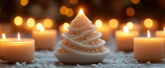 A peaceful holiday scene featuring a white Christmas tree-shaped candle surrounded by warm tea lights, perfect for creating a cozy and festive atmosphere.