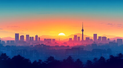 Fototapeta premium Seoul's skyline in silhouette, featuring N Seoul Tower and Lotte World Tower, with a calming gradient background, minimalist flat style, clean lines, soft color transitions, muted tones, hd quality.