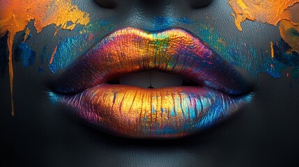 Close-up of lips showcasing bold, multicolored makeup art against a textured black background, highlighting creativity and beauty expression.