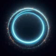 Starry night sky background with glowing stars and blue circle round planets, featuring a dark space design with room for text, surrounded by a galaxy of light and cosmic elements