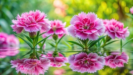 Fototapeta premium Double flowers of cottage pink plant Dianthus plumarius plants in summer garden reflected