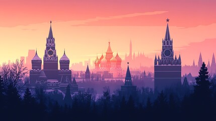 Fototapeta premium Silhouette of Moscow’s Red Square, featuring Saint Basil's Cathedral and the Kremlin, set against a soft winter gradient background, minimalist flat design, clean lines, muted pastel tones,