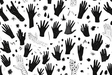 Black and white abstract pattern of diverse hand gestures &ndash; unique monochrome art illustration featuring hand symbols in varied poses and styles, ideal for contemporary design, background textures
