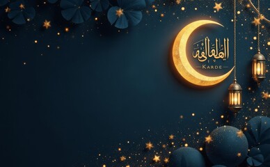 Ramadan,  greeting card, night sky, stars, and mosque with waning crescent moon background Generative AI 