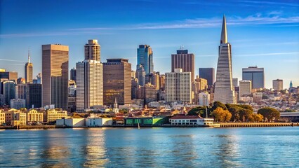 Obraz premium Low angle wide panorama of downtown San Francisco buildings from across the bay