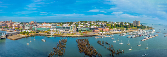Panoramic view  of the harbor of Portland, Maine, New England, USA
