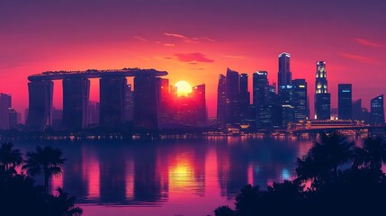 Fototapeta premium Silhouette of Singapore’s futuristic Marina, featuring Marina Bay Sands and the Gardens by the Bay, set against a vibrant tropical sunset gradient, minimalist flat design, clean lines,