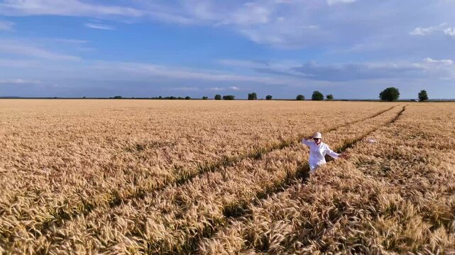 Girl in white dress walks and runs in field and wheat or cereal fields.
