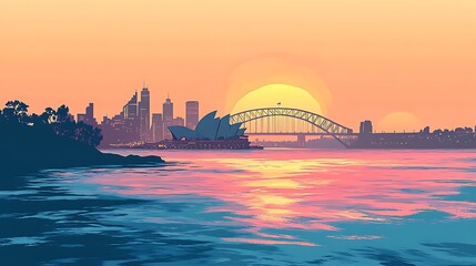 Obraz premium Silhouette of Sydney’s skyline by the sea, featuring the Opera House and Harbour Bridge, set against a soft pastel gradient ocean background, minimalist flat design, clean lines, muted light tones,