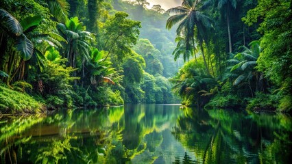 lush and dense Southeast Asian rainforest with deep jungle reflected in calm water
