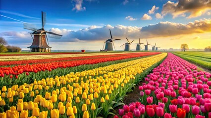 Dutch landscape with tulips and windmills
