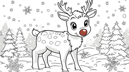 Delightfully Charming Reindeer with a Bright Red Nose Surrounded by Festive Snowflakes for Kids Coloring