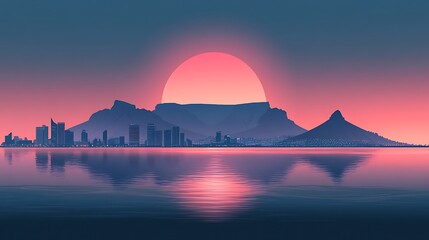 Fototapeta premium Silhouette of Table Mountain and Cape Town’s city skyline, featuring a soft pastel sunset gradient over the ocean, minimalist flat design, clean lines, simple geometry, muted tones, hd quality.