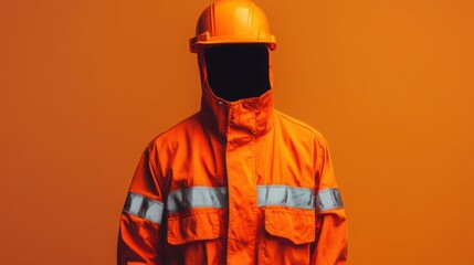 Fototapeta premium A bright orange construction workerâ€™s uniform with reflective strips, shown against a solid neutral background.