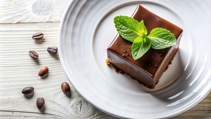 dessert with chocolate and mint on white plate