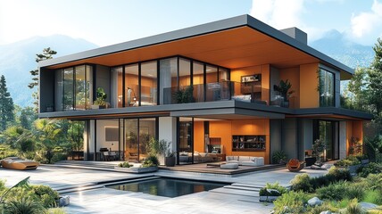 Fototapeta premium Modern architectural home with large windows and outdoor space.