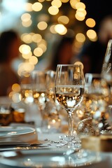 Elegant table setting, festive atmosphere, bokeh lights.