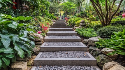 Stone steps leading up through a lush green garden.
