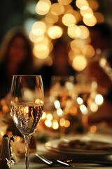 Champagne glass at festive event, bokeh lights