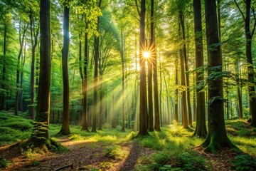 Lush forest with sunlight and forced perspective view