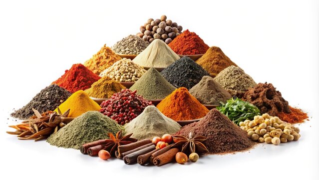 Different varieties of spices in piles isolated on white background
