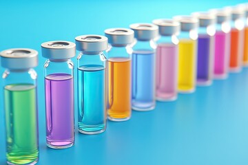 A row of colorful vials containing various liquids, displayed against a blue background, showcasing a spectrum of vibrant colors.